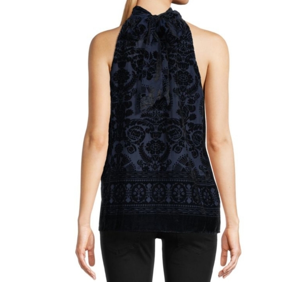 MAX STUDIO Devore Velvet Burnout Midnight Blue Tie Back Top - Picture 2 of 7